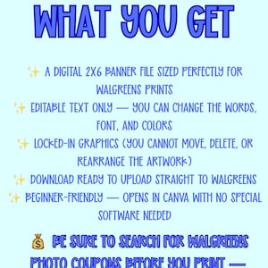 May include: A light blue digital print advertisement with the text "WHAT YOU GET" in a large, stylized blue font. The text describes a digital 2x6 banner file for Walgreens prints, with editable text and locked-in graphics.