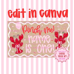May include: A digital mock-up banner with a kraft paper background and pink and red accents. The text "edit in canva" is at the top, with "Pinch me! name is one!" in the center. Red lobster illustrations are on each side.