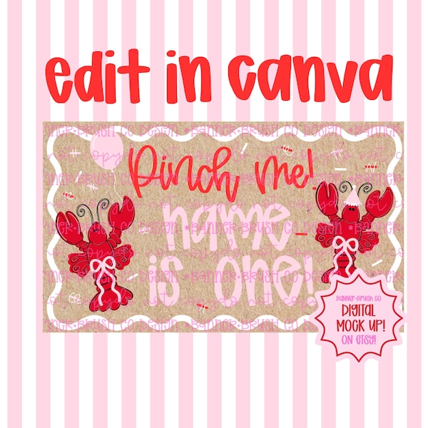 Pinch Me I'm One Crawfish Boil Birthday / Banner Canva modificabile / Insegna dipinta fai da te 35x60 / Tema Preppy Coquette / Download digitale