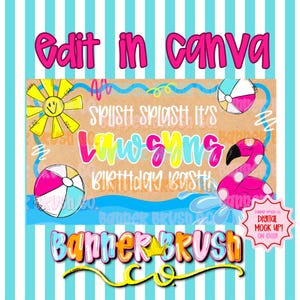 Può includere: Un design digitale a tema spiaggia, con un sole, palloni da spiaggia e un fenicottero. Il testo include "Edit in Canva", "Splash", "It's", "Lowsing" e "Birthday Bash". Il design è su uno sfondo a righe.