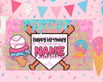 Plantilla de pancarta de cumpleaños de béisbol con helado / Banner de Canva editable / Letrero pintado DIY de 35 x 60 / Tema de cumpleaños de niño / Descarga digital