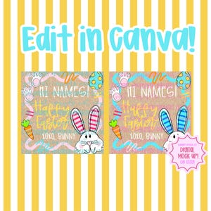 Puede incluir: Dos maquetas digitales con tem&aacute;tica de Pascua con un fondo a rayas amarillas y blancas. Cada maqueta presenta un conejito, zanahorias y el texto "Happy Easter" y "XOXO, BUNNY". El texto "Edit in Canva!" est&aacute; en la parte superior.