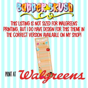 Może przedstawiać: Kolorowy projekt z tekstem "BANNER BRUSH CO." i wiadomością "TA OFERTA NIE JEST PRZEZNACZONA DO DRUKU W WALGREENS, ALE MAM PROJEKT DLA TEGO MOTYWU W POPRAWNEJ WERSJI DOSTĘPNEJ W MOIM SKLEPIE!" Zawiera zakładkę ze szkolną grafiką i słowami "PRINT AT Walgreens."