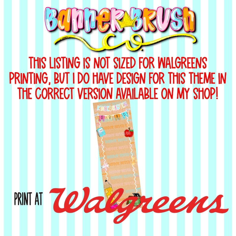 Może przedstawiać: Kolorowy projekt z tekstem "BANNER BRUSH CO." i wiadomością "TA OFERTA NIE JEST PRZEZNACZONA DO DRUKU W WALGREENS, ALE MAM PROJEKT DLA TEGO MOTYWU W POPRAWNEJ WERSJI DOSTĘPNEJ W MOIM SKLEPIE!" Zawiera zakładkę ze szkolną grafiką i słowami "PRINT AT Walgreens."