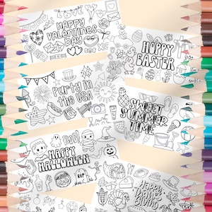 May include: A bundle of coloring sheets with various holiday and seasonal themes, including Valentine's Day, Easter, summer, Halloween, Thanksgiving, and Christmas. The sheets are black and white line drawings, perfect for coloring. The text "Coloring Sheet bundle!" is at the top.