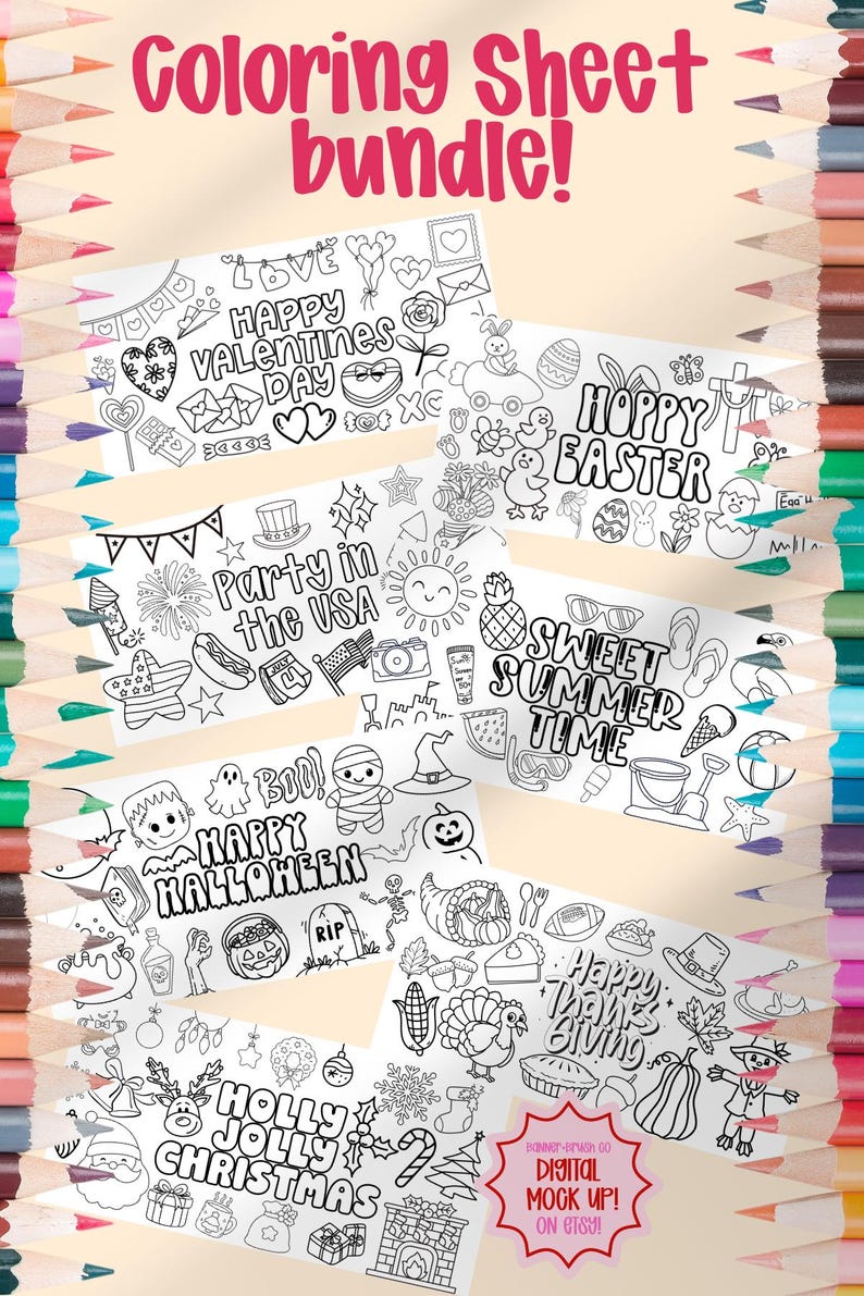 May include: A bundle of coloring sheets with various holiday and seasonal themes, including Valentine's Day, Easter, summer, Halloween, Thanksgiving, and Christmas. The sheets are black and white line drawings, perfect for coloring. The text "Coloring Sheet bundle!" is at the top.