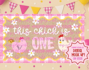 May include: A pink and white banner with the text "this chick is one" and illustrations of chickens and daisies. The banner is decorated with pink and yellow balloons and a banner of pennants.