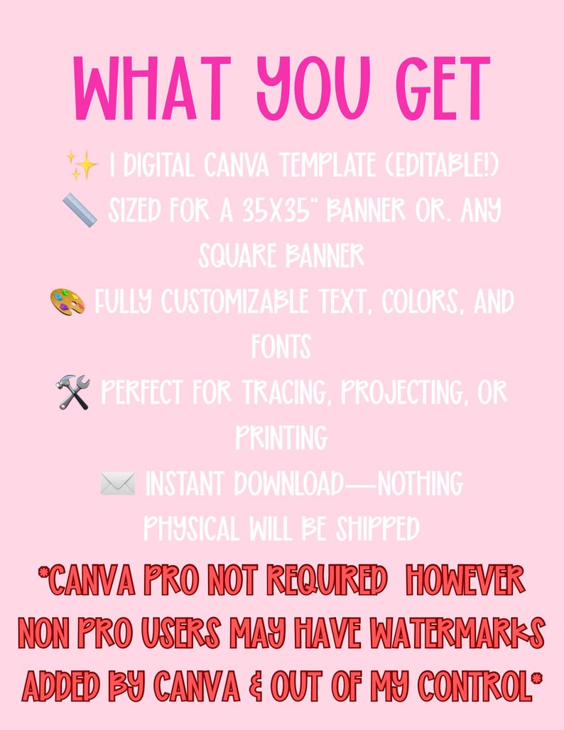 Puede incluir: Gr&aacute;fico rosa con el texto "WHAT YOU GET" en letras grandes de color rosa brillante. El texto describe una plantilla digital de Canva, texto y fuentes personalizables y descarga instant&aacute;nea. El tama&ntilde;o del banner es de 89x89 cm.