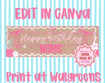 Szablon baneru urodzinowego dla dziewczęcej kokietki | Edytowalny Canva | DRUK WALGREENS 2x6 DIY Malowany znak | Urodziny w stylu kokardki | Pobieranie cyfrowe