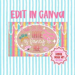 Può includere: Un banner digitale di mockup con uno sfondo a righe rosa, gialle e blu. Il banner presenta il testo "EDIT IN CANVA" in rosa e un design ovale con le parole "NAME is fancy & AGE". Elementi decorativi: tiara, borsa e ventaglio.