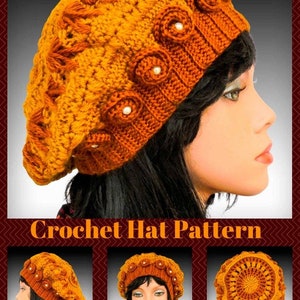 Peut inclure: Un chapeau au crochet orange et marron, orné d'éléments circulaires décoratifs et de perles blanches. Le chapeau est présenté sur un mannequin. Le texte "Crochet Hat Pattern" est visible.