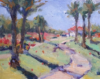 The park. Bright oil painting on canvas on cardboard. Sunny summer park in Mediterranean style. Original painting by Vladislav Turskaya