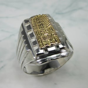 Large Silver Precolumbian Ring, 925 Silver 14K Gold Wide Ring, Ancient God Wiracocha Ring, Magic Andes Ring, Inca&#39;s Culture God Ring