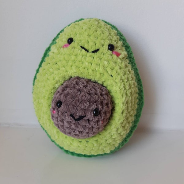 Hand crocheted fluffy avocado velvet plushie toy with removable pit