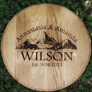 Guest Book with Mountains Engraving, Wedding Guest Book Alternative, Bourbon Barrel Lid Rustic Guest Book