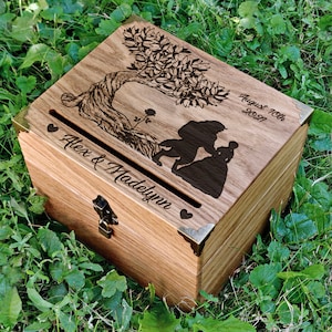 Caja de tarjetas personalizada - Caja de tarjetas para boda con ranura - Caja de tarjetas de boda de madera - Cofre de memoria de boda - Caja de tarjetas personalizada - Grabado de rosa