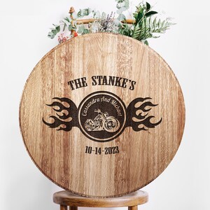 Alternative Wedding Guest Book Motorcycle Engraved, Motorcycle Wedding Guest Book, Whiskey Barrel Lid Guest Book, bourbon bar decor