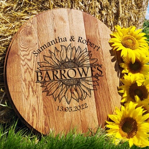 Wedding Guest Book Bourbon Barrel head Sunflower. Wedding Guest Book Alternative Wood. Bourbon Barrel Lid Guest Book