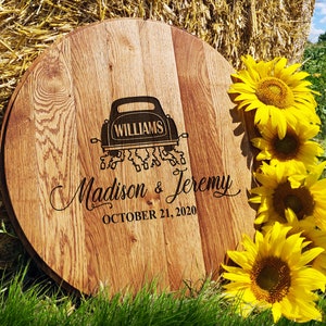 Wedding Guest Book Car  - Guestbook - Bourbon Barrel Lid - Guest Book Alternative -  Reclaimed Bourbon Barrel Head - Just Married Guest Book