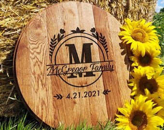 Monogram Engraved Guest Book Wood, Alternative Wedding Guest Book, Bourbon Barrel Head Guest Book