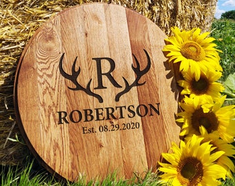 Deer Horns Guest Book Wedding, Whiskey Barrel Head Custom Engraved, Whiskey Barrel Head Guest Book Alternative