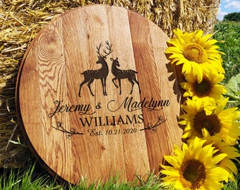 Whiskey Barrel Head Guest Book with Deer and Doe, Engraved Whiskey Barrel Lid Guest Book, Alternative Guest Book Wedding