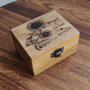 Sunflower Wedding. Engraved Wooden Ring Box. Custom Engraved Walnut Wooden Ring Box. Ring Bearer Box. Sunflower Ring Box.