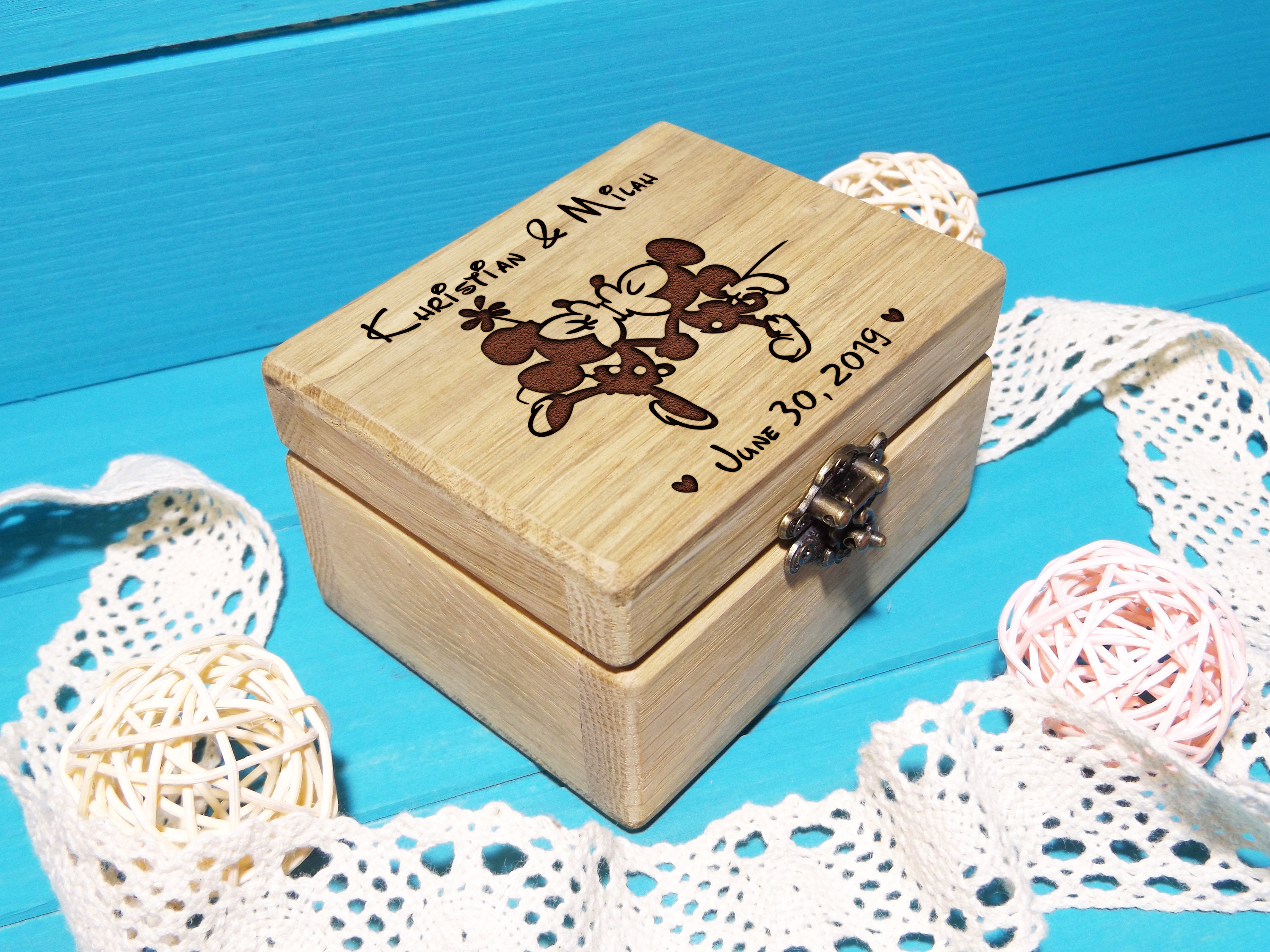 Personnalisé en bois Disney wedding box Minnie /& Mickey Mouse Fiançailles Cadeau