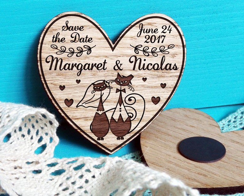 Heart Save-the-Date Magnets-Wooden Magnets-Wedding Magnets-Wooden Save The Date-Wood Heart Magnet-Heart Save The Date-Cats Save the Date