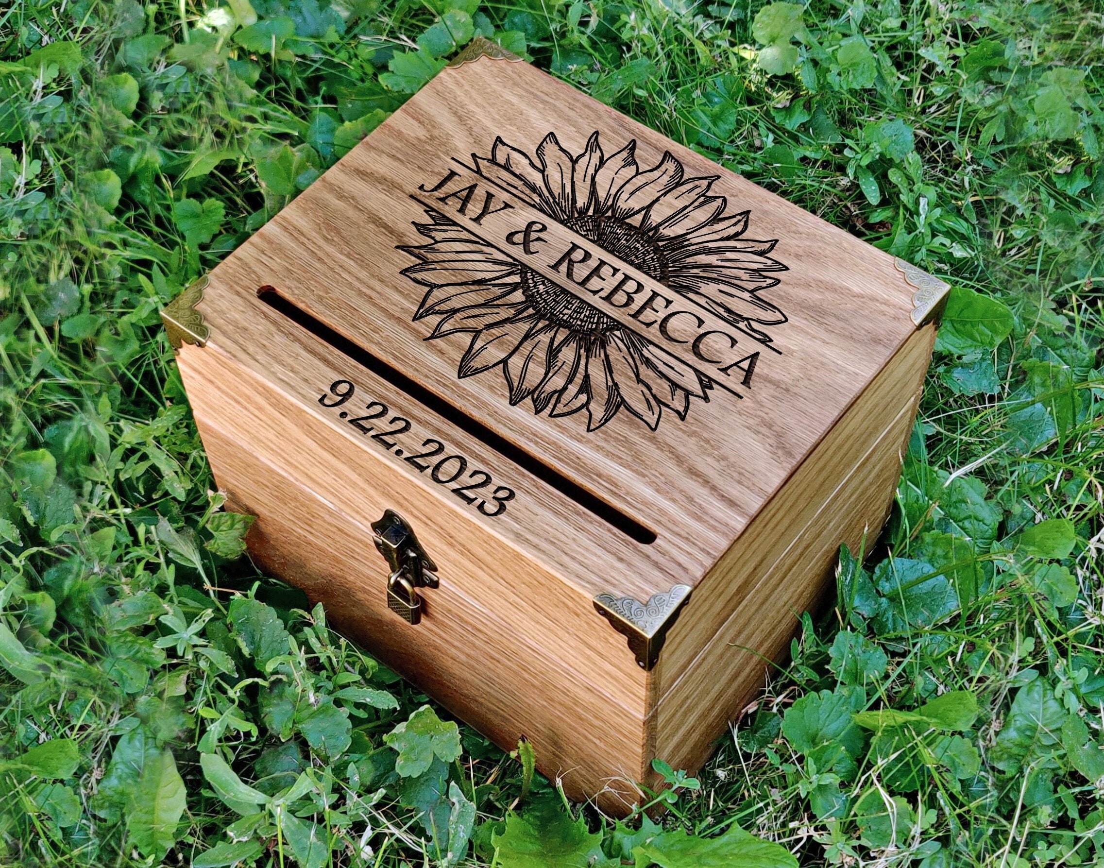 Sunflower Wedding Card Box With lock Wooden Wedding Card Box Sunflower Engraved