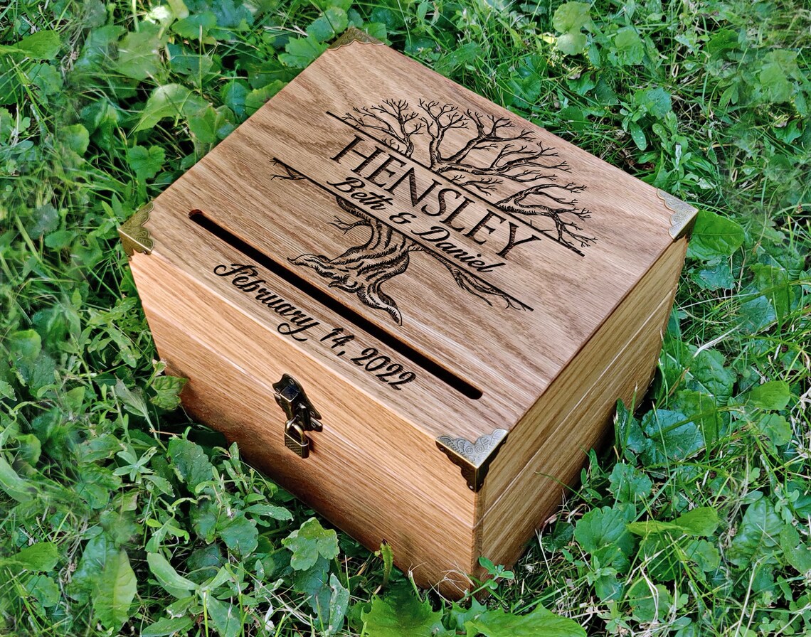 Wedding Card Box Wood Engraved Oak Card Box Wedding Card Box Etsy