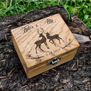 Custom Wedding Ring Box with Deer and Doe, Ring Box for Wedding Ceremony, Wooden Ring Box