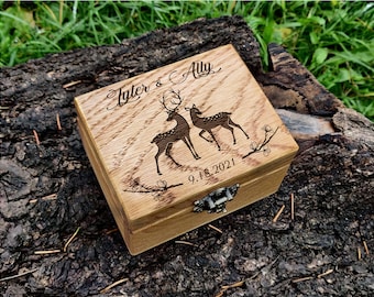 Custom Wedding Ring Box with Deer and Doe, Ring Box for Wedding Ceremony, Wooden Ring Box