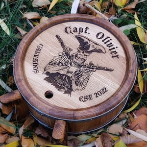 Personalized Pirate on a barrel, Oak Aging Barrel with Wood Spigot, Whiskey Barrel, Engraved Flask, Customized Whiskey