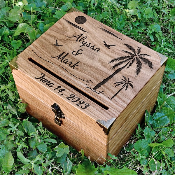 Wood Card Box 2023 - Palm Tree Card Box - Wedding Card Box with Slot and Lock - Rustic Wedding - Wooden Chest - Money box - Custom Card Box