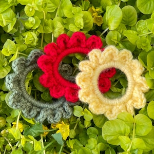 May include: Three crocheted hair scrunchies in different colors: red, green, and yellow. The scrunchies are arranged in a circle on a bed of green leaves.
