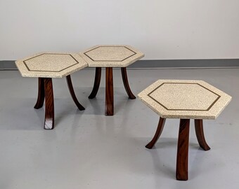 Harvey Probber Hexagon Tables #894 White Stone Top Mahogany Legs