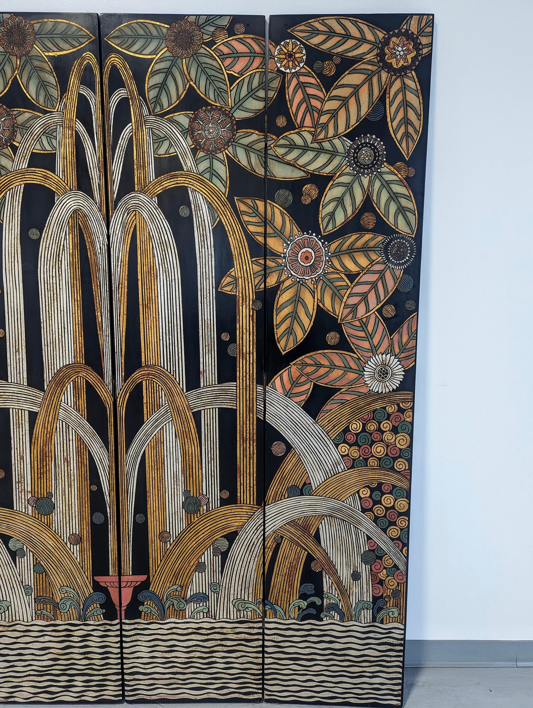 Art Deco Black Lacquer, Gold and Silver Gilt Four Panel