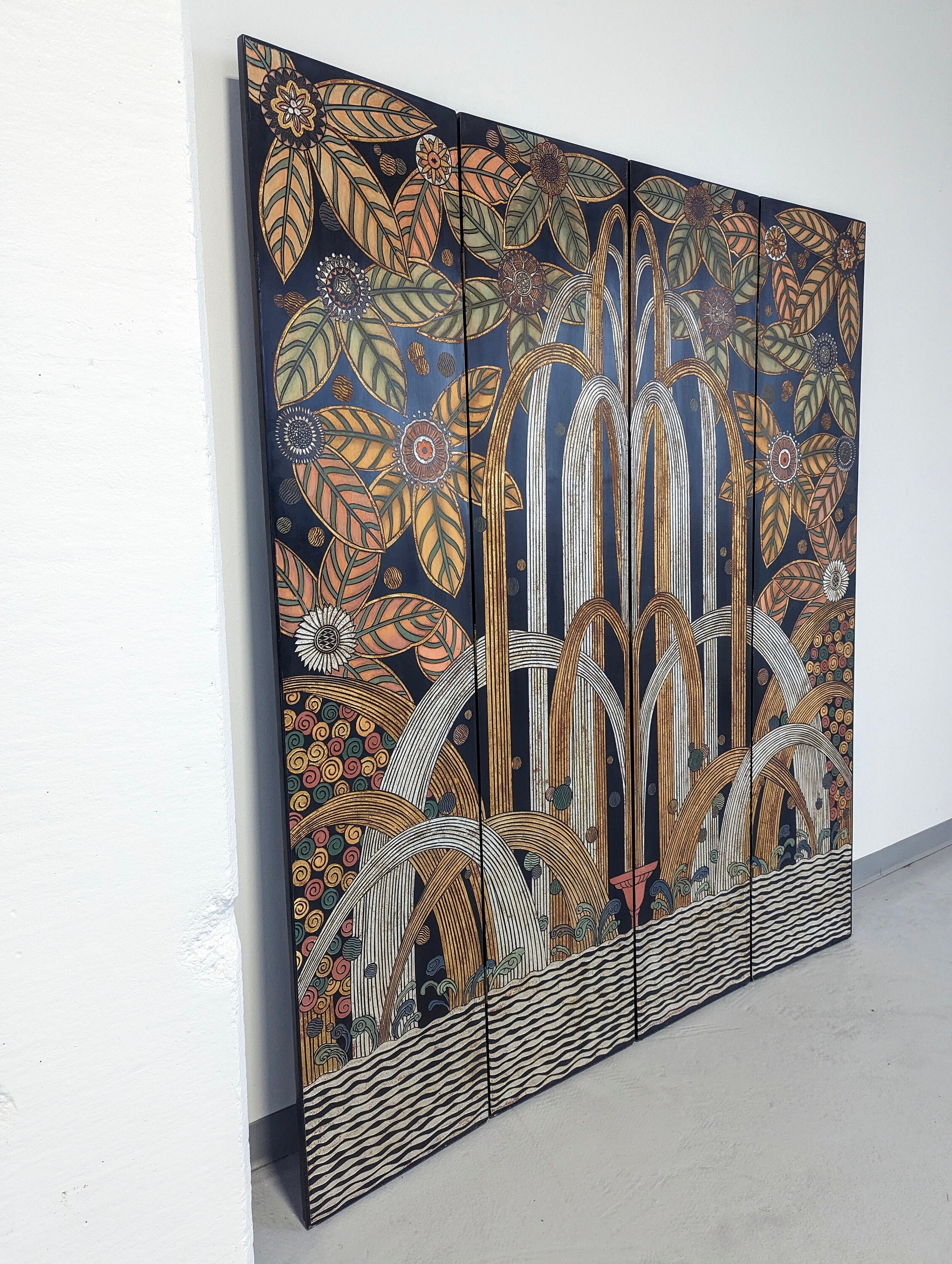 Art Deco Black Lacquer, Gold and Silver Gilt Four Panel