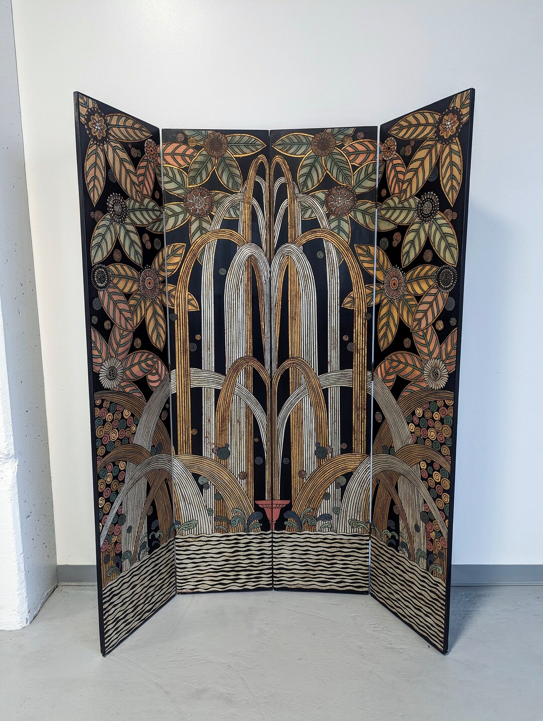 Art Deco Black Lacquer, Gold and Silver Gilt Four Panel