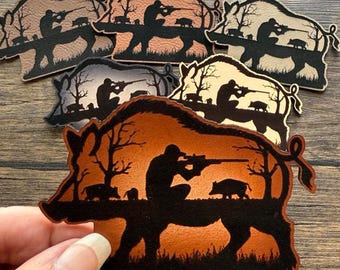 Boar Hunting Patch, Wild Hog Leather Patch, Hunter Patch for Hats Bags Jackets, Outdoorsman Gift