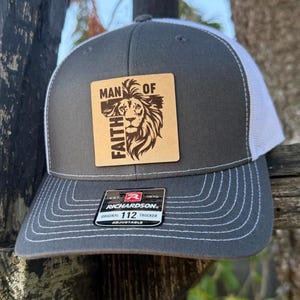 Man of Faith Hat – Richardson 112 Trucker Cap – Leather Patch Lion & Cross Design