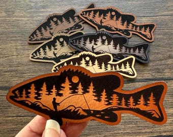 Fishing Scene Patch, Fish Shape Leather Patch, Outdoorsman Patch for Hats Bags Jackets, Nature Fishing Gift
