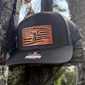 Bass Flag Hat, Leather Patch Fishing Hat, Richardson 112 Trucker Cap, Patriotic Fisherman Gift, USA Bass Hat