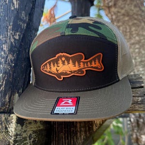 River Scene Fish Hat – Richardson 168 Snapback – Leather Patch Fishing Silhouette Cap