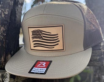 American Flag Hat, Distressed Flag Leather Patch, Richardson 168 Flat Bill Snapback, Patriotic Hat for Men, USA Trucker Hat