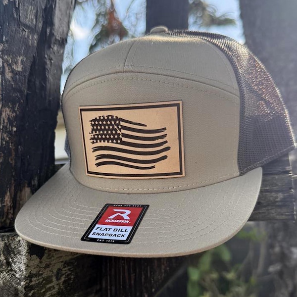 American Flag Hat, Distressed Flag Leather Patch, Richardson 168 Flat Bill Snapback, Patriotic Hat for Men, USA Trucker Hat