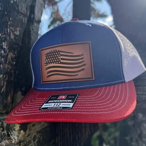 American Flag Hat, Distressed Flag Leather Patch, Richardson 112 Trucker Cap, Patriotic Hat for Men, USA Trucker Hat