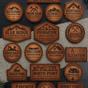 May include: A collection of brown leather patches featuring engraved logos for various construction and contracting businesses. Each patch displays unique company names, icons like hammers, houses, and tools, and slogans such as Built on Integrity.