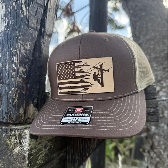Lineman Flag Hat, Leather Patch Hat, Richardson 112 Trucker Cap, American Flag Hat, Utility Worker Gift